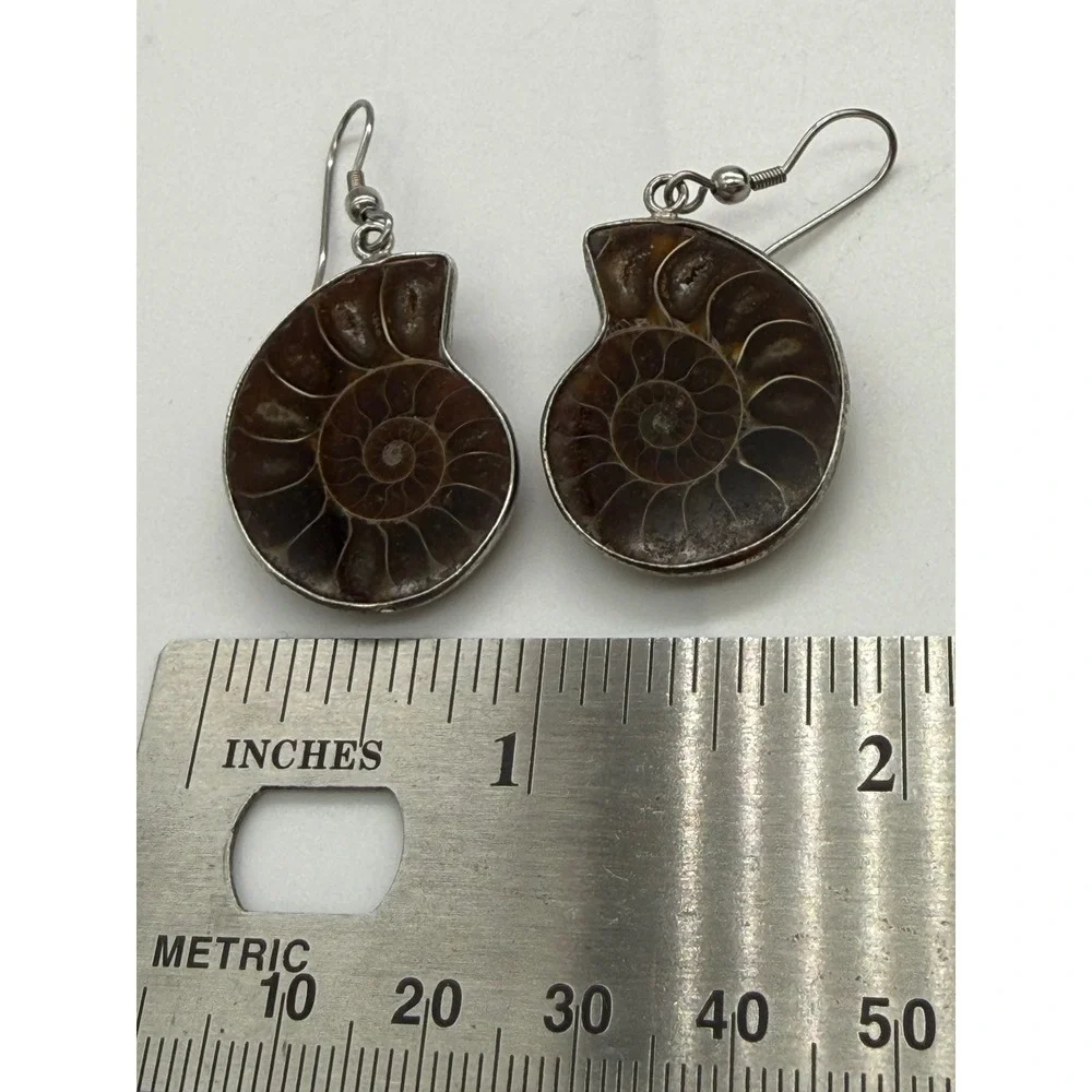 Natural Ammonite Fossil Dangle Earrings Polished Spiral Earthy Boho Brown Gift